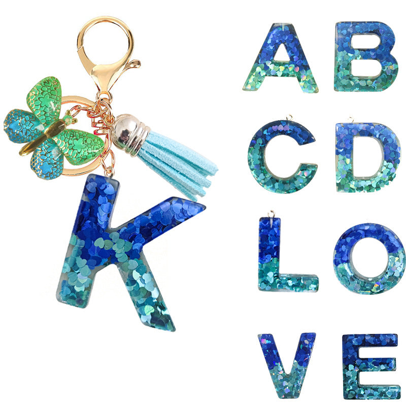 Cross-border Blue Series 26 Drops of Glue Letter Keychain Holiday Love Tassel Accessories Gradient Butterfly Keychain