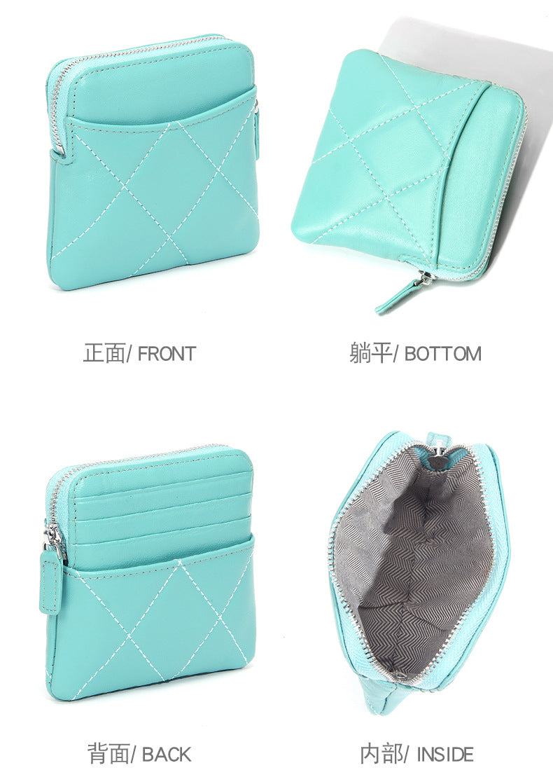 Genuine Leather Card Holder new sheepskin rhombus small mini women's solid color coin bag earphone storage zipper coin purse