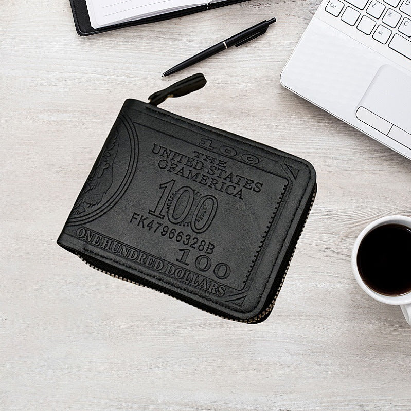 Factory Direct Sales New Men's Wallet Retro Hot-Pressed Dollar Pu Wallet Men's Zipper Short Coin Purse
