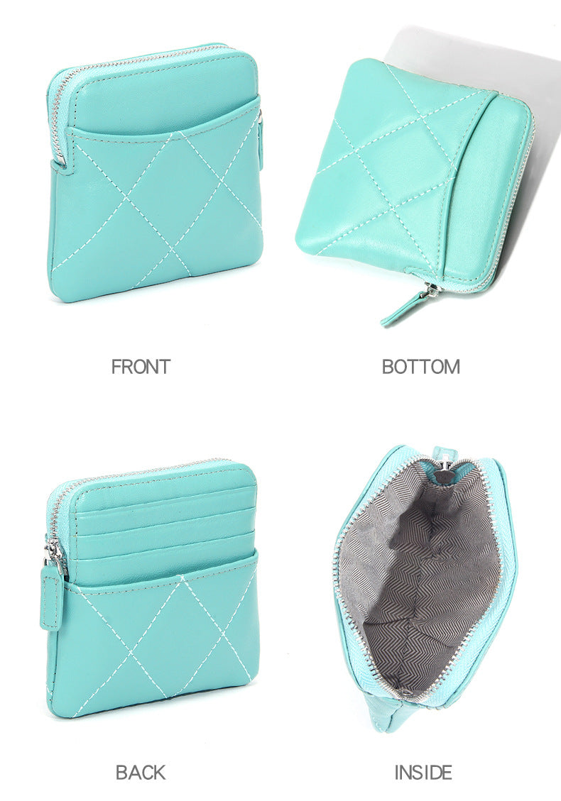 Genuine Leather Card Holder new sheepskin rhombus small mini women's solid color coin bag earphone storage zipper coin purse