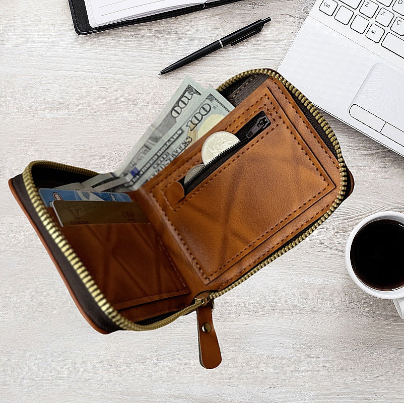 Factory Direct Sales New Men's Wallet Retro Hot-Pressed Dollar Pu Wallet Men's Zipper Short Coin Purse