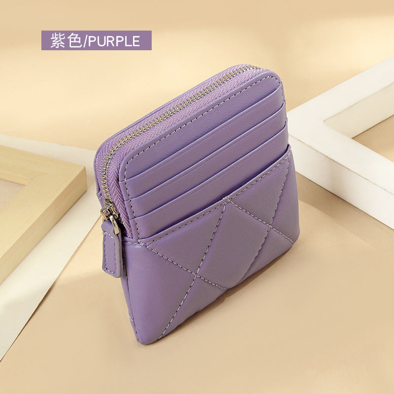 Genuine Leather Card Holder new sheepskin rhombus small mini women's solid color coin bag earphone storage zipper coin purse