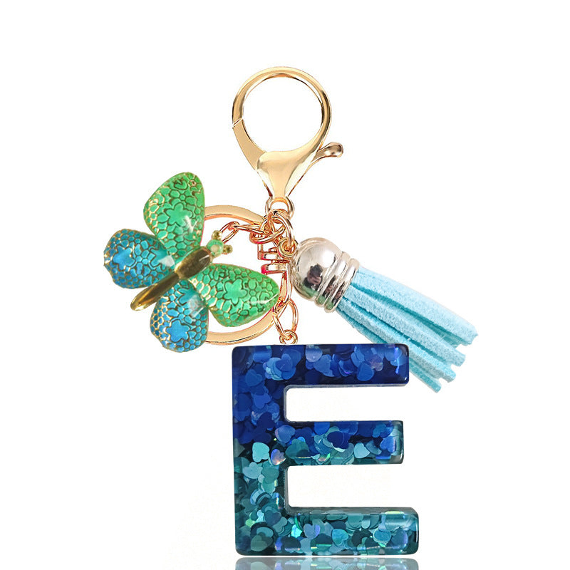 Cross-border Blue Series 26 Drops of Glue Letter Keychain Holiday Love Tassel Accessories Gradient Butterfly Keychain