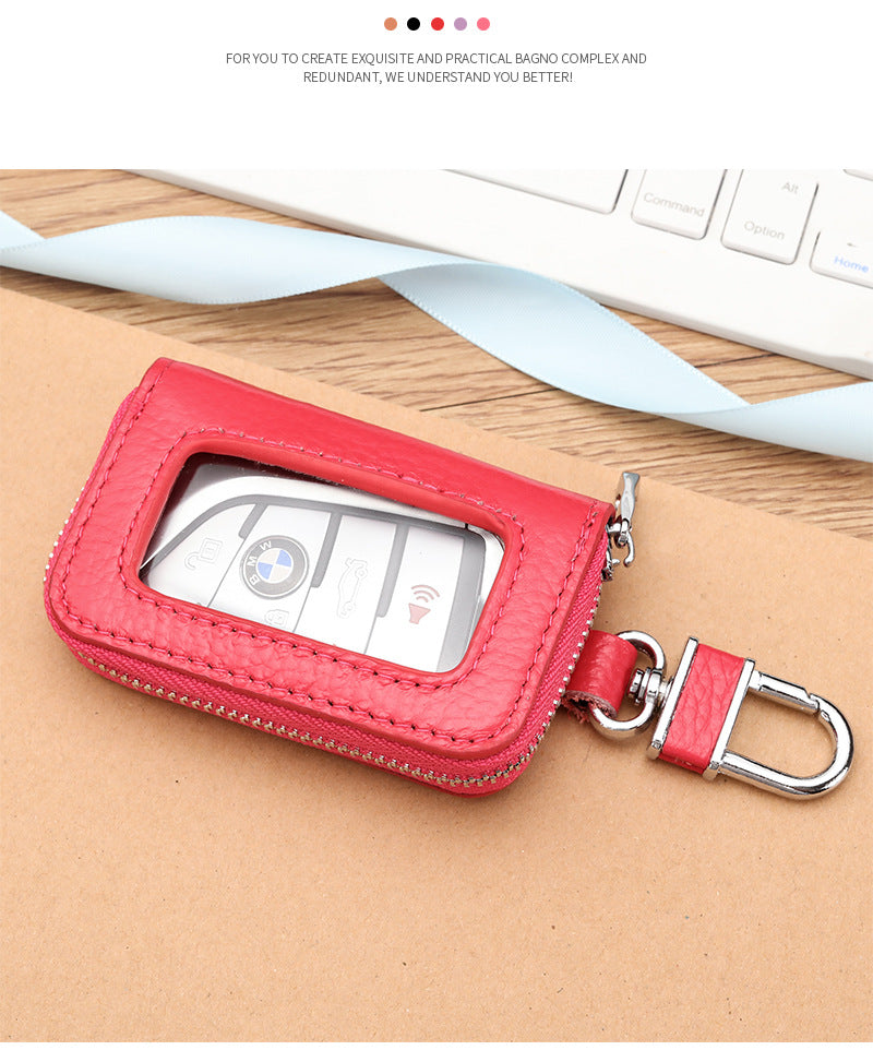 Open Sunroof Leather Car Key Bag Cowhide Keychain Men's Key Bag Women's Large Capacity Universal Waist Hanging
