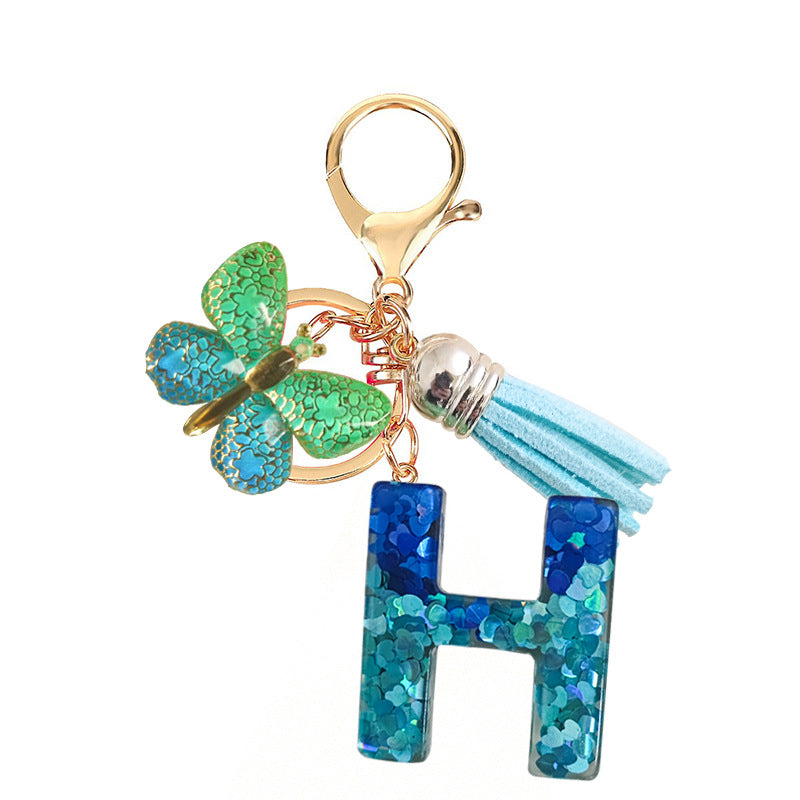Cross-border Blue Series 26 Drops of Glue Letter Keychain Holiday Love Tassel Accessories Gradient Butterfly Keychain