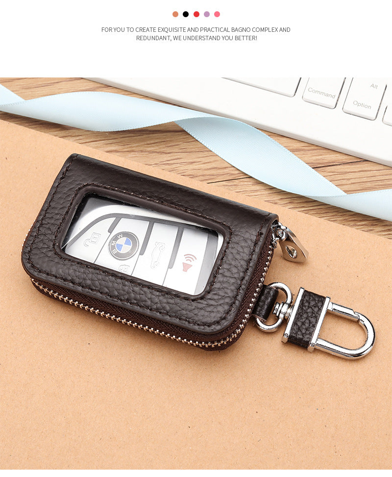 Open Sunroof Leather Car Key Bag Cowhide Keychain Men's Key Bag Women's Large Capacity Universal Waist Hanging