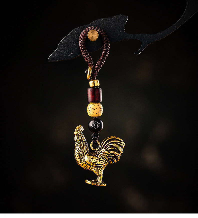 Creative Brass Zodiac Zodiac Chicken Car Keychain Pendant Step on Yuanbao Chicken Woven Rope Pendant Accessories