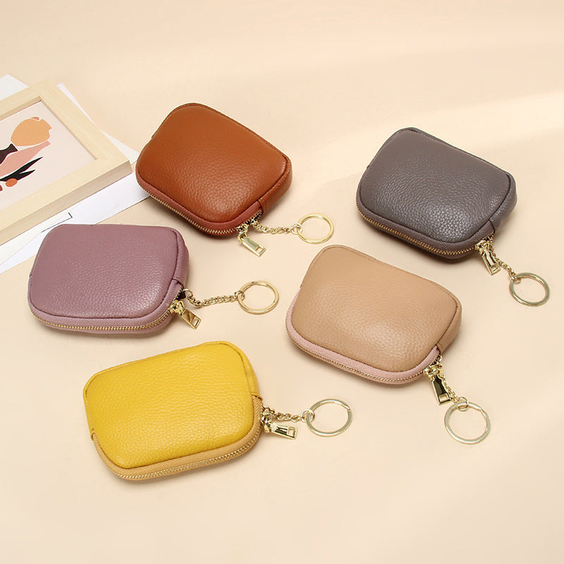 Genuine Leather Mini coin purse women's new key ring coin bag first layer cowhide motorcycle zipper small wallet coin bag