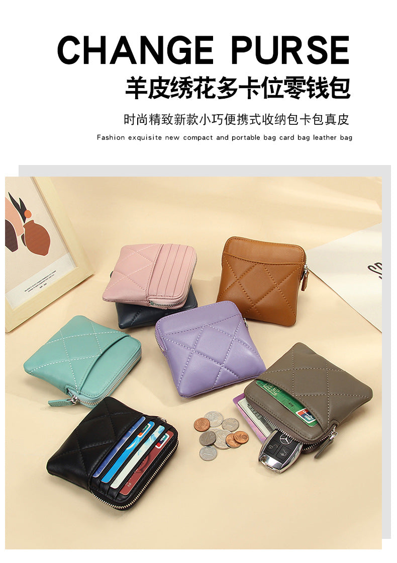 Genuine Leather Card Holder new sheepskin rhombus small mini women's solid color coin bag earphone storage zipper coin purse
