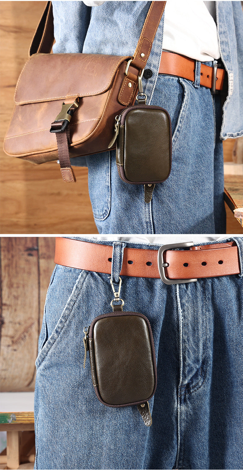 Portable Leather Key Bag Car Key Storage Bag Multifunctional Coin Purse with Card Holder Waist Hanging Cowhide Key Bag for Men
