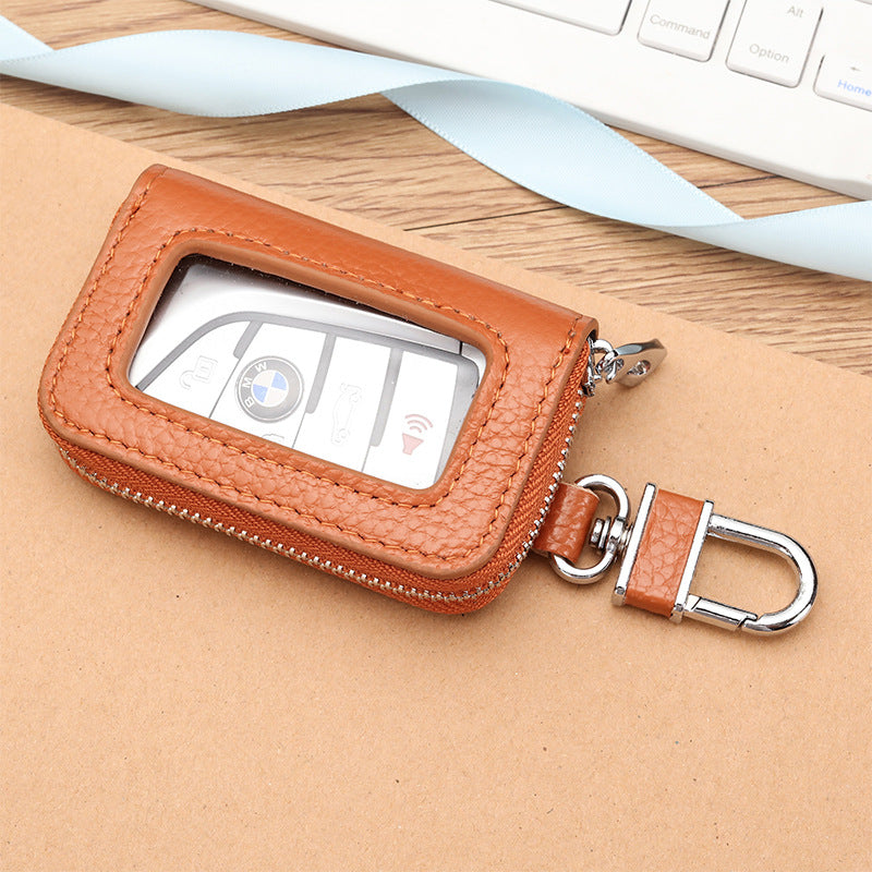 Open Sunroof Leather Car Key Bag Cowhide Keychain Men's Key Bag Women's Large Capacity Universal Waist Hanging