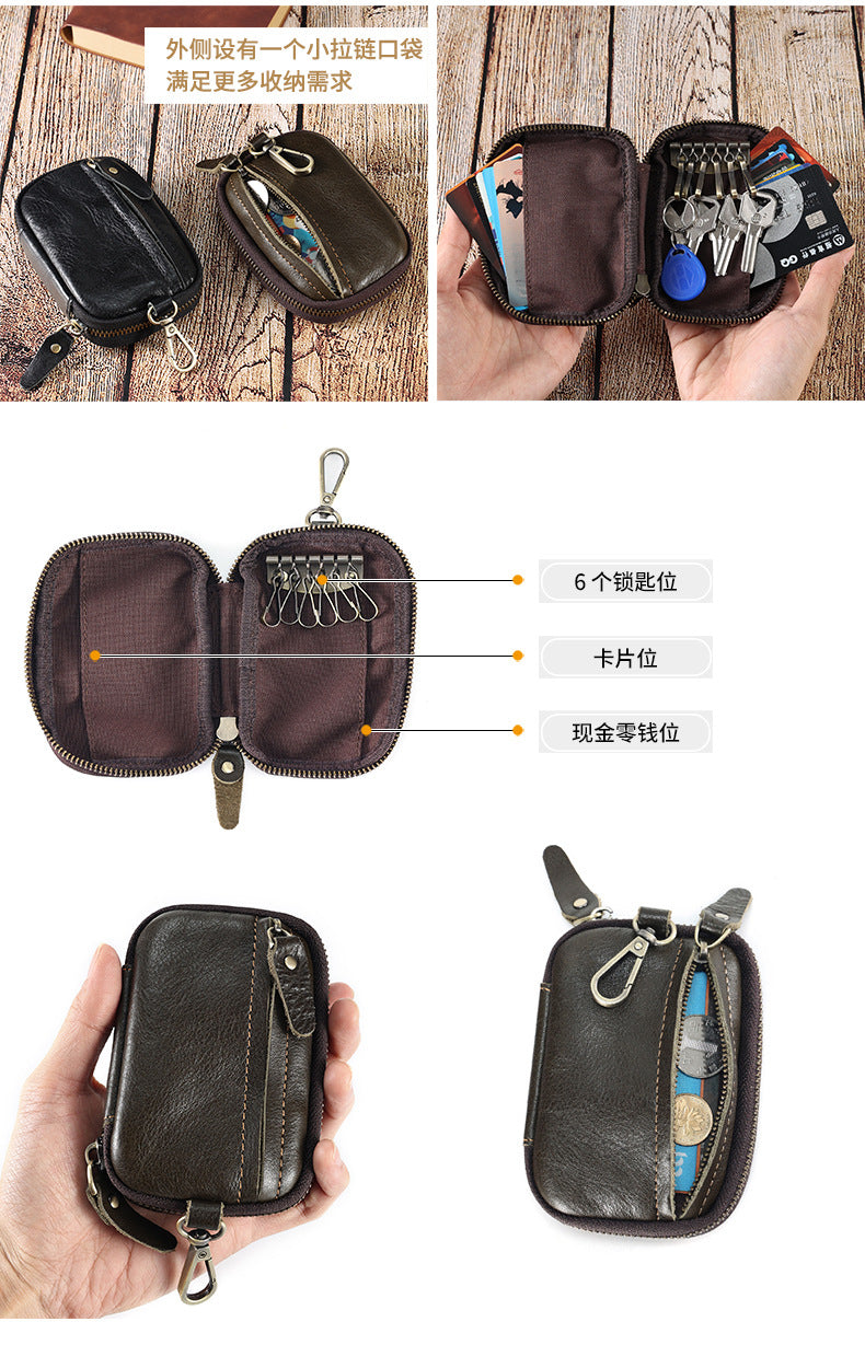 Portable Leather Key Bag Car Key Storage Bag Multifunctional Coin Purse with Card Holder Waist Hanging Cowhide Key Bag for Men