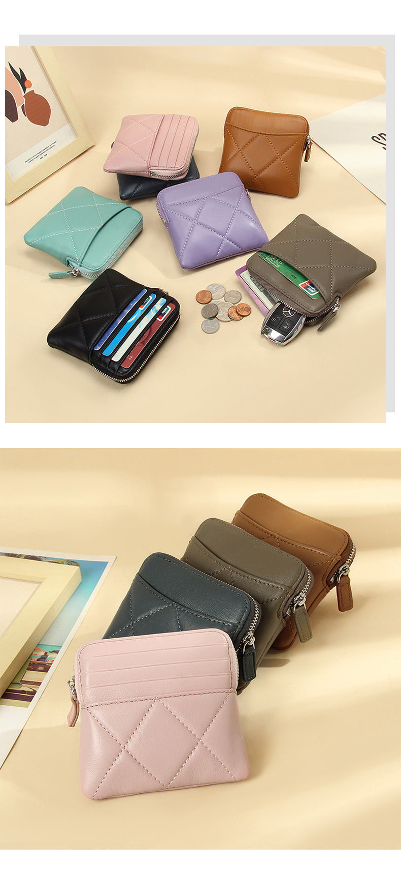Genuine Leather Card Holder new sheepskin rhombus small mini women's solid color coin bag earphone storage zipper coin purse