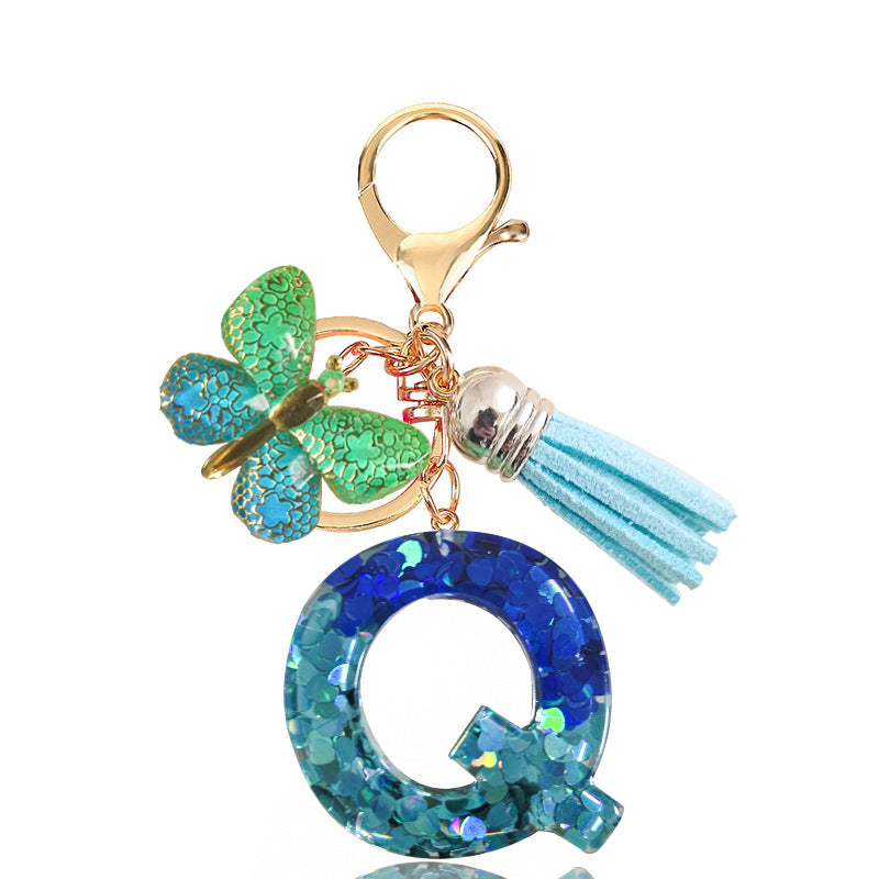 Cross-border Blue Series 26 Drops of Glue Letter Keychain Holiday Love Tassel Accessories Gradient Butterfly Keychain
