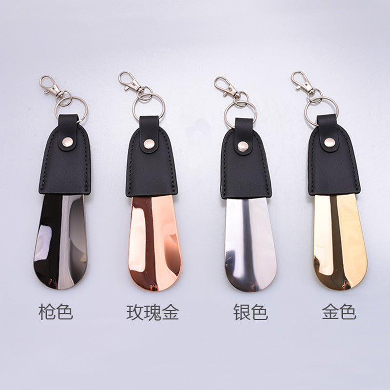 in stock supply stainless steel key buckle shoe horn with leather cover shoe puller car key pendant easy to carry shoe lift