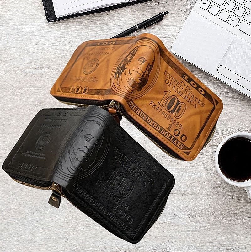 Factory Direct Sales New Men's Wallet Retro Hot-Pressed Dollar Pu Wallet Men's Zipper Short Coin Purse