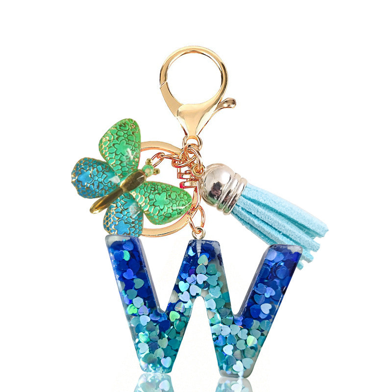 Cross-border Blue Series 26 Drops of Glue Letter Keychain Holiday Love Tassel Accessories Gradient Butterfly Keychain