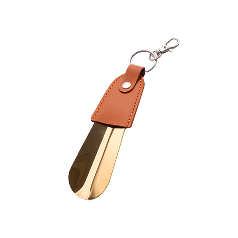in stock supply stainless steel key buckle shoe horn with leather cover shoe puller car key pendant easy to carry shoe lift