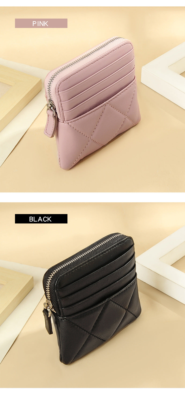 Genuine Leather Card Holder new sheepskin rhombus small mini women's solid color coin bag earphone storage zipper coin purse
