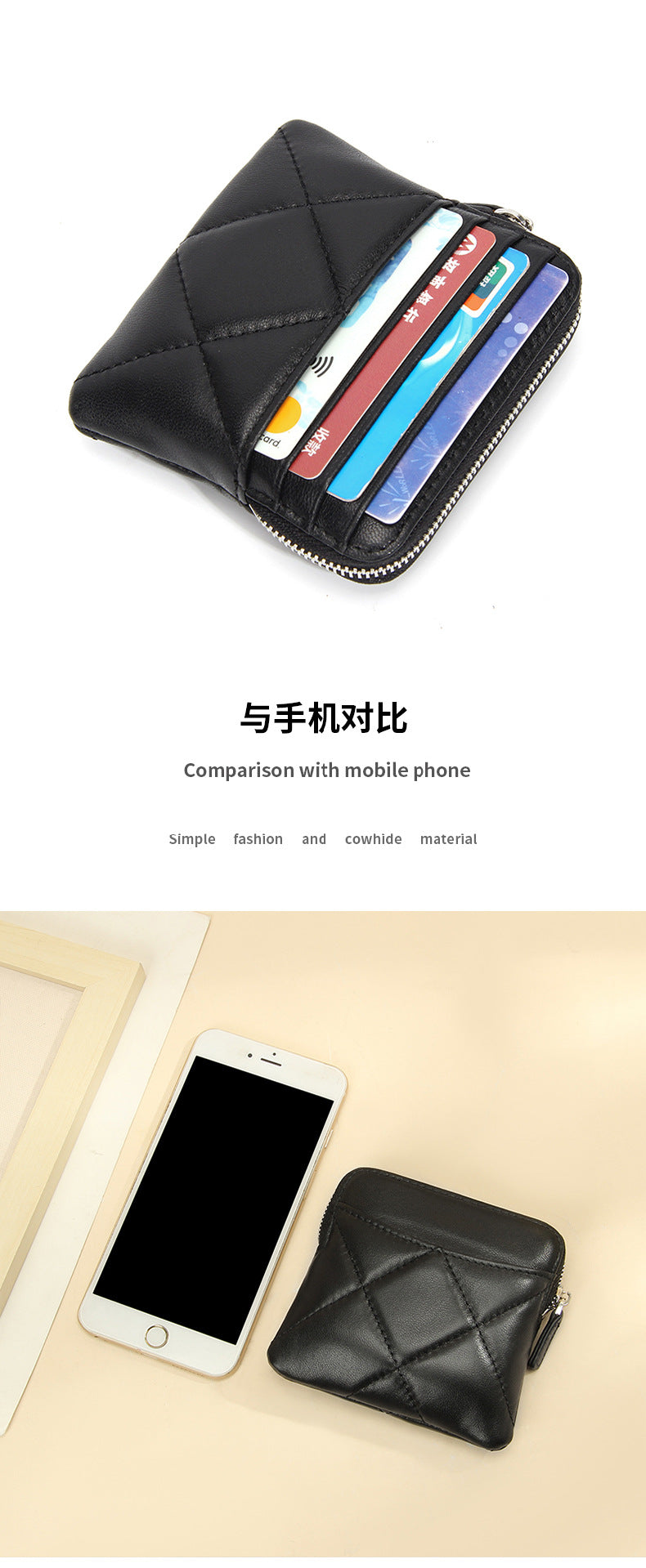 Genuine Leather Card Holder new sheepskin rhombus small mini women's solid color coin bag earphone storage zipper coin purse