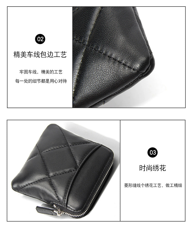 Genuine Leather Card Holder new sheepskin rhombus small mini women's solid color coin bag earphone storage zipper coin purse