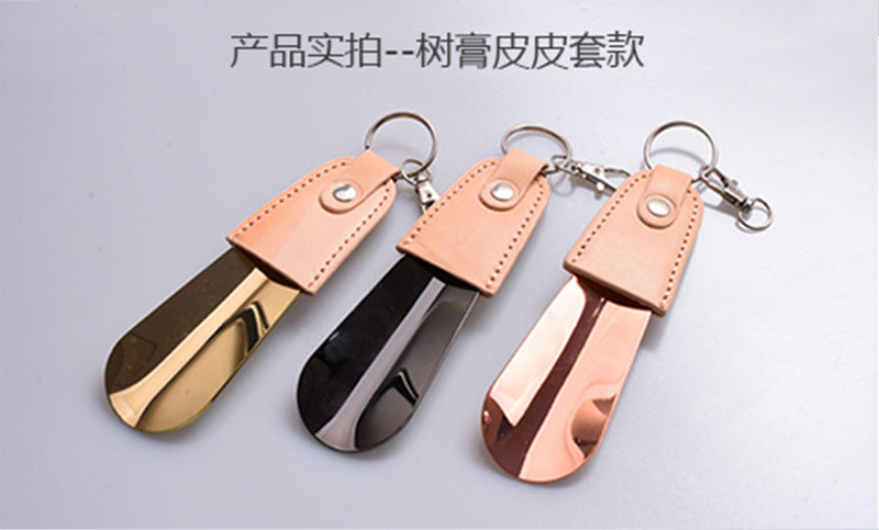 in stock supply stainless steel key buckle shoe horn with leather cover shoe puller car key pendant easy to carry shoe lift