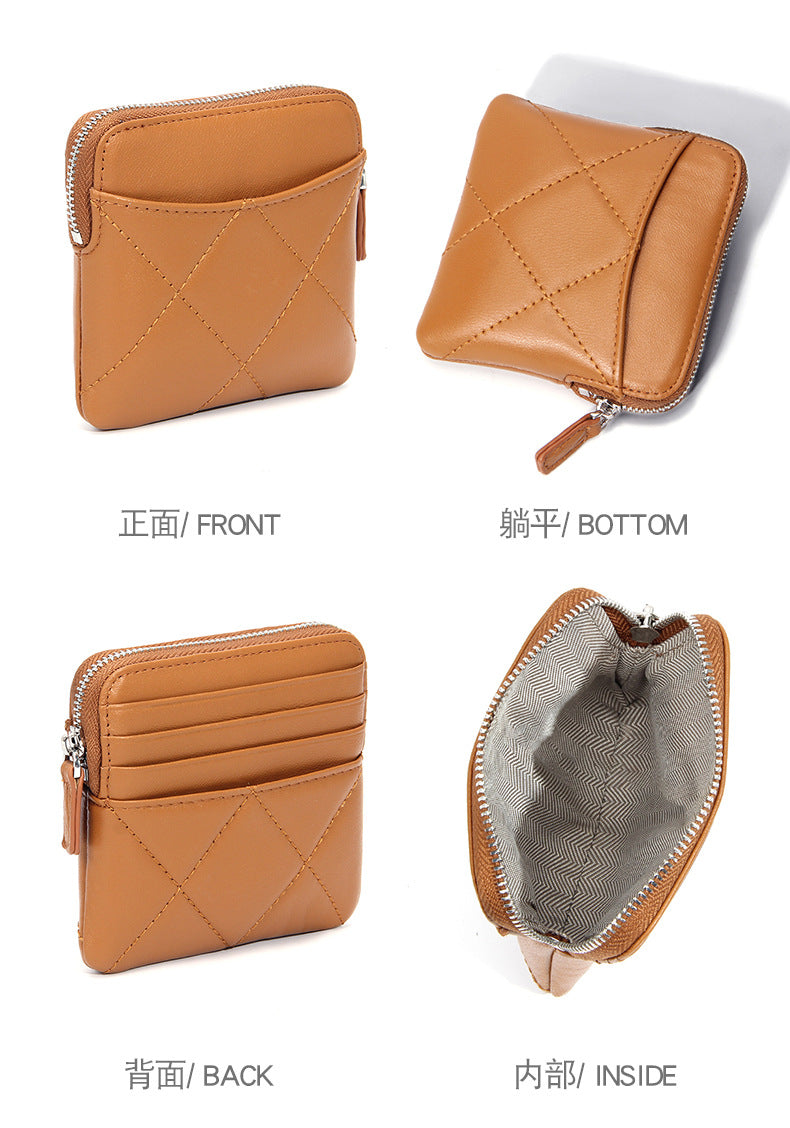 Genuine Leather Card Holder new sheepskin rhombus small mini women's solid color coin bag earphone storage zipper coin purse