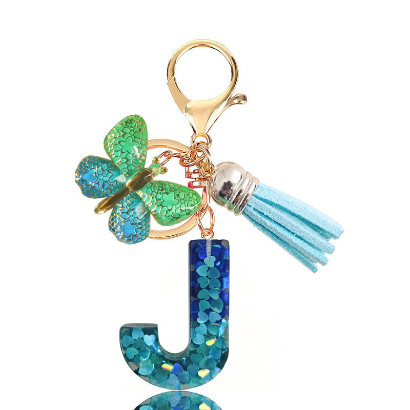 Cross-border Blue Series 26 Drops of Glue Letter Keychain Holiday Love Tassel Accessories Gradient Butterfly Keychain