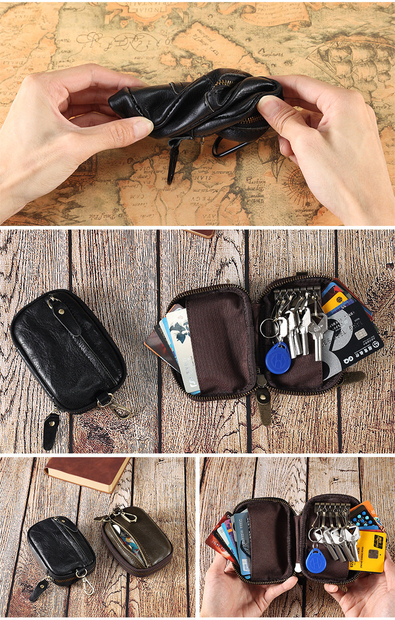 Portable Leather Key Bag Car Key Storage Bag Multifunctional Coin Purse with Card Holder Waist Hanging Cowhide Key Bag for Men