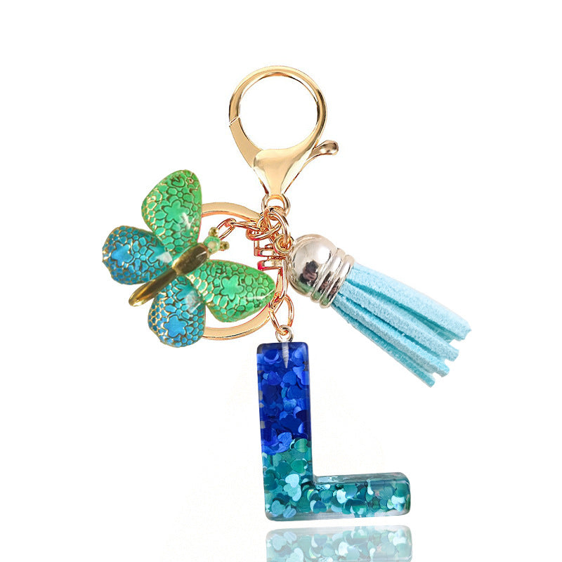 Cross-border Blue Series 26 Drops of Glue Letter Keychain Holiday Love Tassel Accessories Gradient Butterfly Keychain