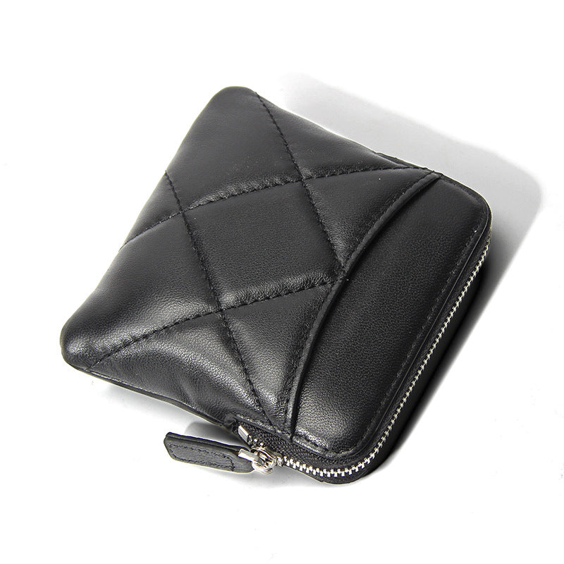Genuine Leather Card Holder new sheepskin rhombus small mini women's solid color coin bag earphone storage zipper coin purse
