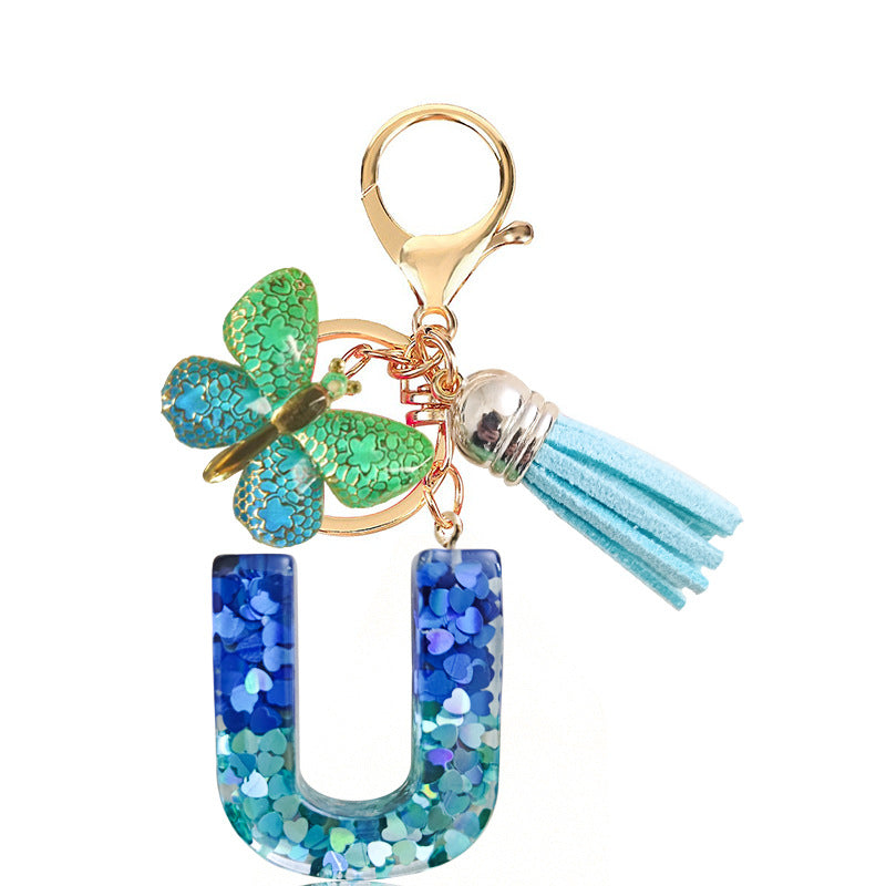 Cross-border Blue Series 26 Drops of Glue Letter Keychain Holiday Love Tassel Accessories Gradient Butterfly Keychain