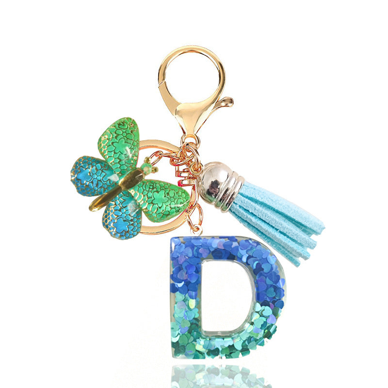 Cross-border Blue Series 26 Drops of Glue Letter Keychain Holiday Love Tassel Accessories Gradient Butterfly Keychain