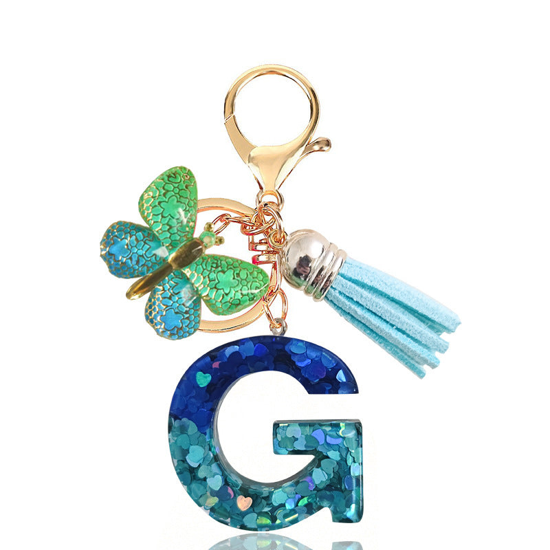 Cross-border Blue Series 26 Drops of Glue Letter Keychain Holiday Love Tassel Accessories Gradient Butterfly Keychain
