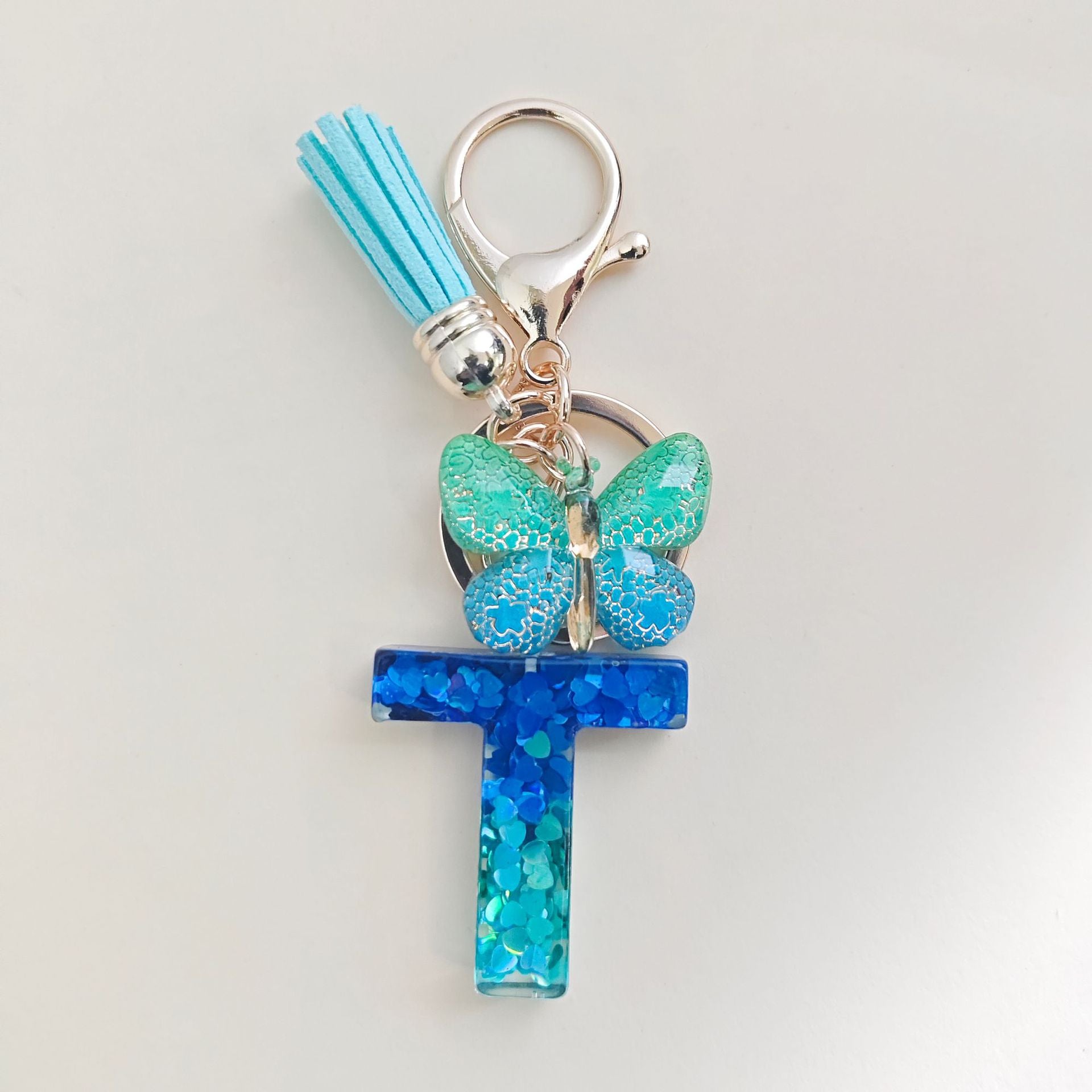 Cross-border Blue Series 26 Drops of Glue Letter Keychain Holiday Love Tassel Accessories Gradient Butterfly Keychain