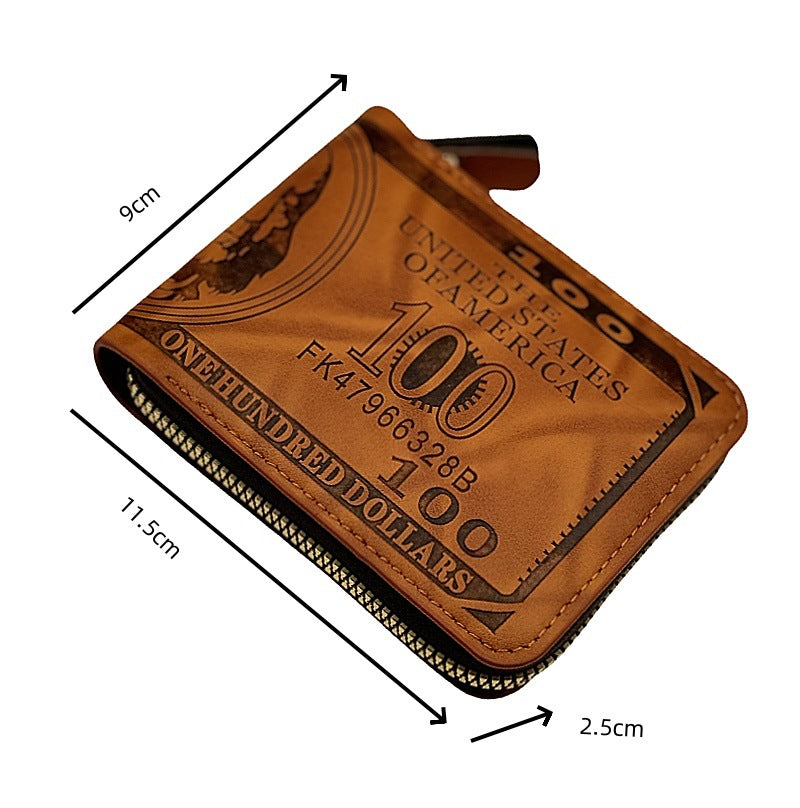 Factory Direct Sales New Men's Wallet Retro Hot-Pressed Dollar Pu Wallet Men's Zipper Short Coin Purse