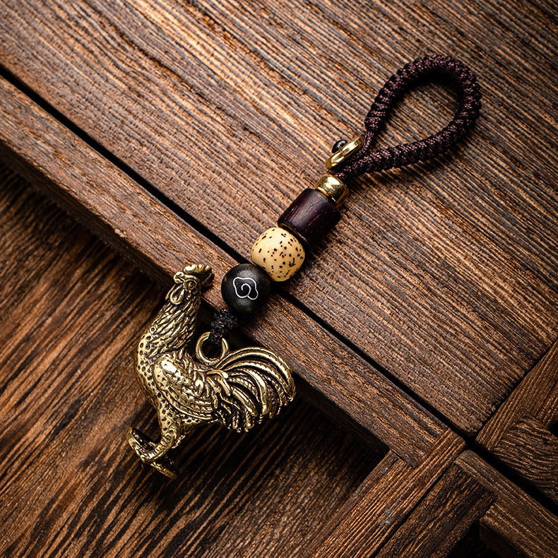 Creative Brass Zodiac Zodiac Chicken Car Keychain Pendant Step on Yuanbao Chicken Woven Rope Pendant Accessories