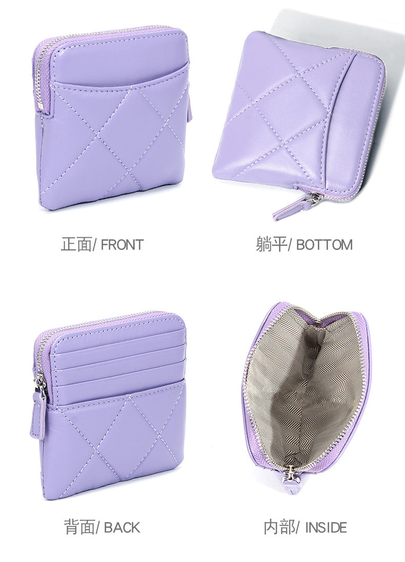 Genuine Leather Card Holder new sheepskin rhombus small mini women's solid color coin bag earphone storage zipper coin purse