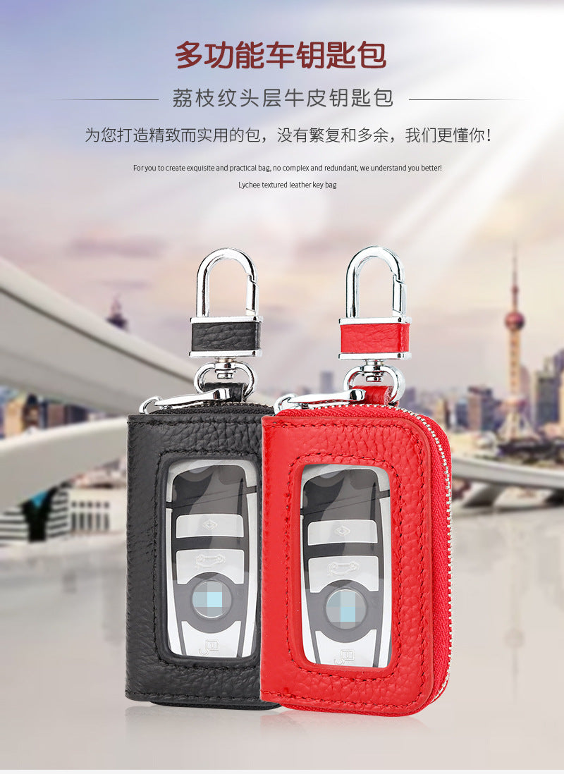Open Sunroof Leather Car Key Bag Cowhide Keychain Men's Key Bag Women's Large Capacity Universal Waist Hanging