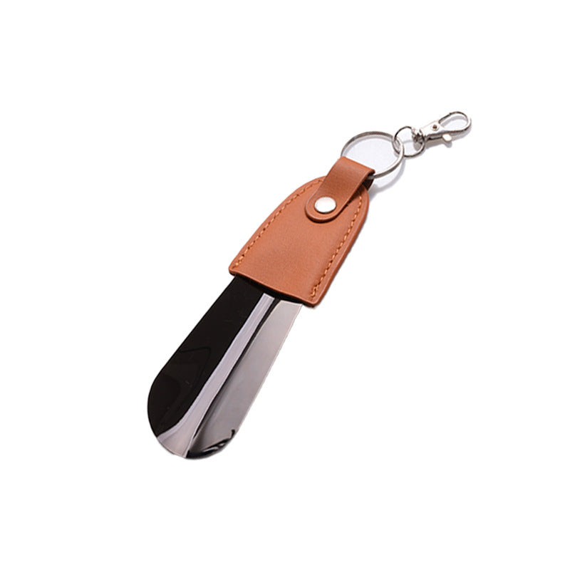 in stock supply stainless steel key buckle shoe horn with leather cover shoe puller car key pendant easy to carry shoe lift