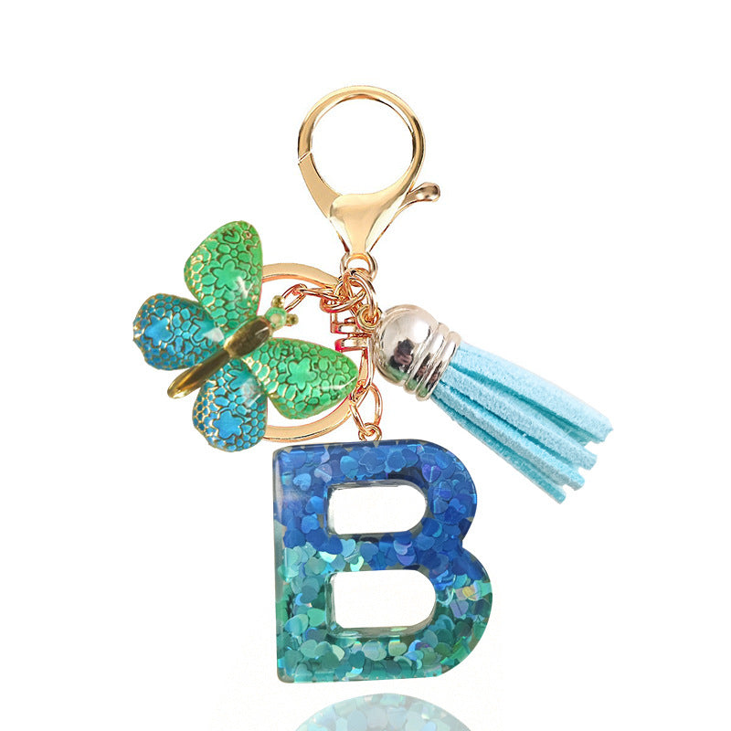 Cross-border Blue Series 26 Drops of Glue Letter Keychain Holiday Love Tassel Accessories Gradient Butterfly Keychain