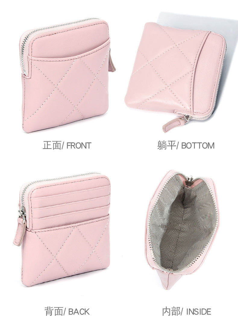 Genuine Leather Card Holder new sheepskin rhombus small mini women's solid color coin bag earphone storage zipper coin purse