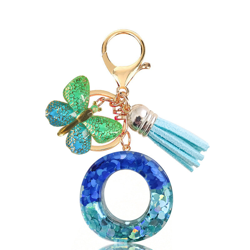 Cross-border Blue Series 26 Drops of Glue Letter Keychain Holiday Love Tassel Accessories Gradient Butterfly Keychain