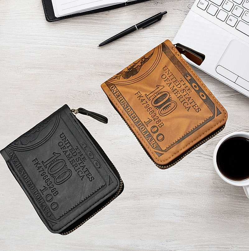 Factory Direct Sales New Men's Wallet Retro Hot-Pressed Dollar Pu Wallet Men's Zipper Short Coin Purse