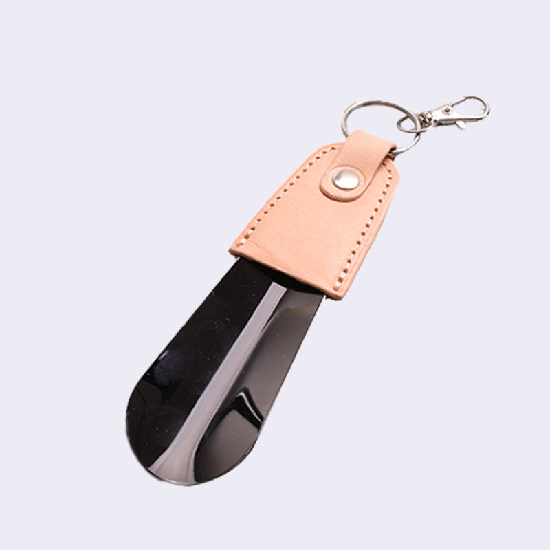 in stock supply stainless steel key buckle shoe horn with leather cover shoe puller car key pendant easy to carry shoe lift
