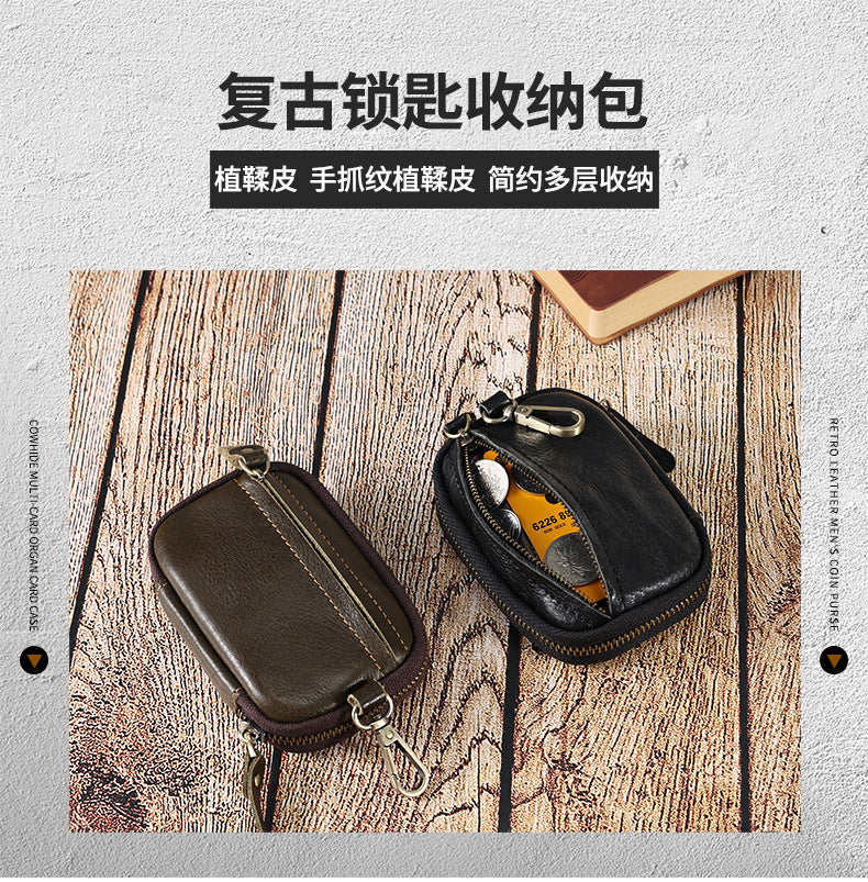 Portable Leather Key Bag Car Key Storage Bag Multifunctional Coin Purse with Card Holder Waist Hanging Cowhide Key Bag for Men
