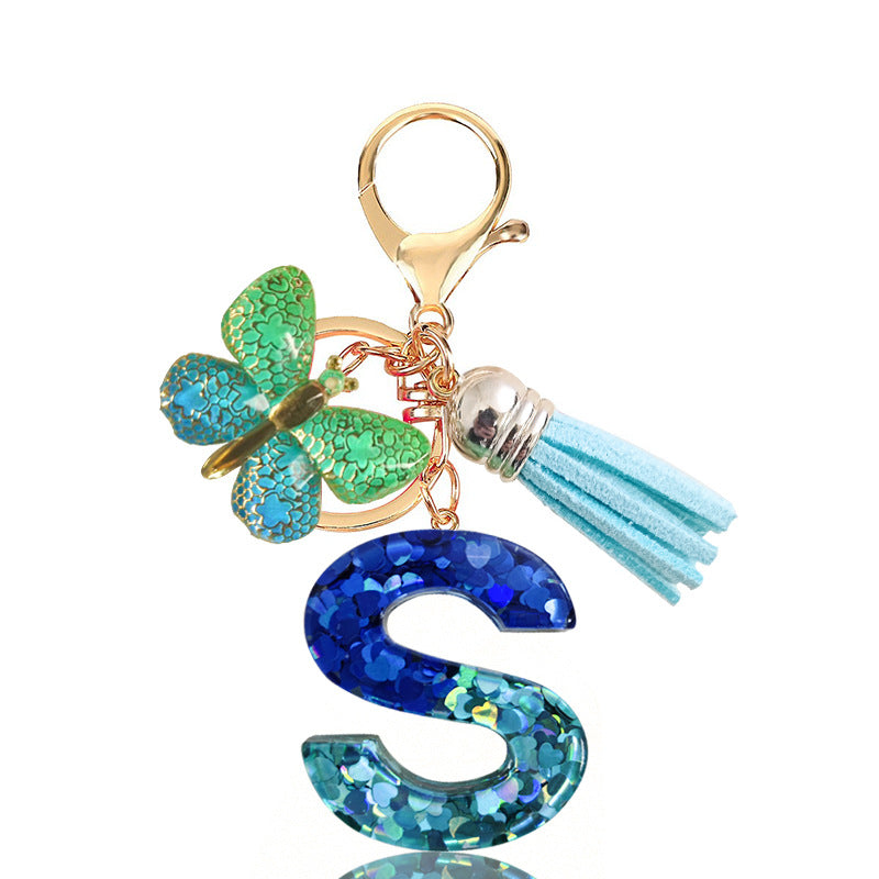 Cross-border Blue Series 26 Drops of Glue Letter Keychain Holiday Love Tassel Accessories Gradient Butterfly Keychain