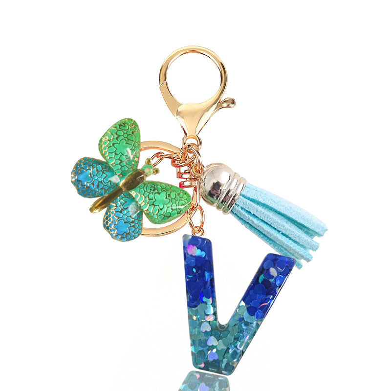 Cross-border Blue Series 26 Drops of Glue Letter Keychain Holiday Love Tassel Accessories Gradient Butterfly Keychain