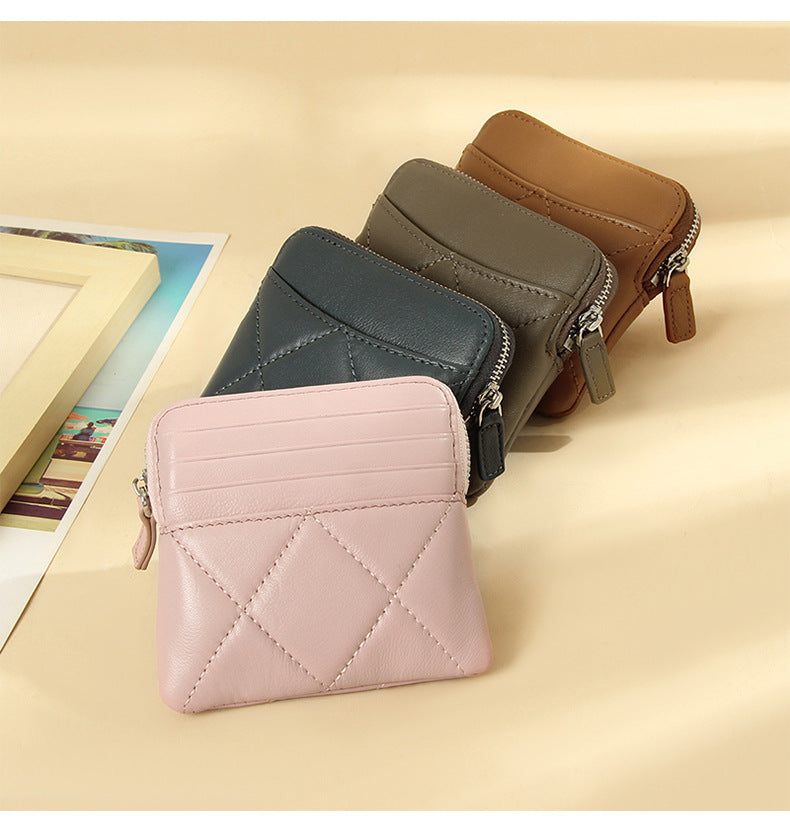 Genuine Leather Card Holder new sheepskin rhombus small mini women's solid color coin bag earphone storage zipper coin purse