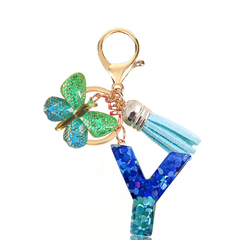 Cross-border Blue Series 26 Drops of Glue Letter Keychain Holiday Love Tassel Accessories Gradient Butterfly Keychain